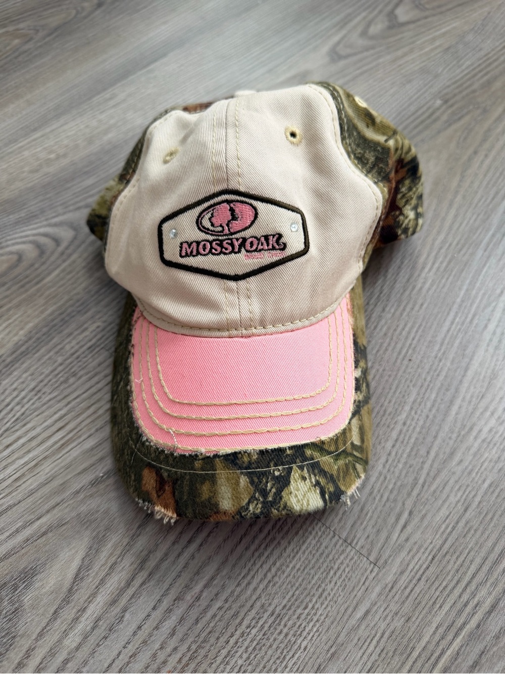 Y2K Mossy Oak Camo Cap with Pink Visor Rhinestones and Tan Front